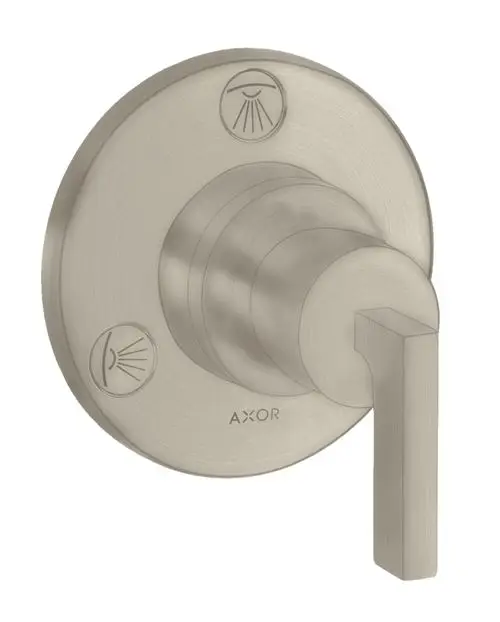 Unterputzventil mit Hebelgriff in gebürstetem Nickel, Marke AXOR. Symbole für Ab- und Umstellung an der Vorderseite. Rundes Design mit einer flachen Oberfläche.